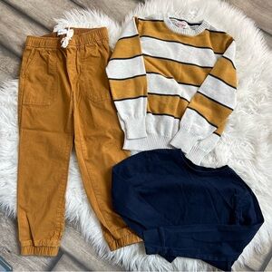 Boys Size Small 6-7 Fall Outfit Fall Sweater, New Mustard Yellow Pants, Navy